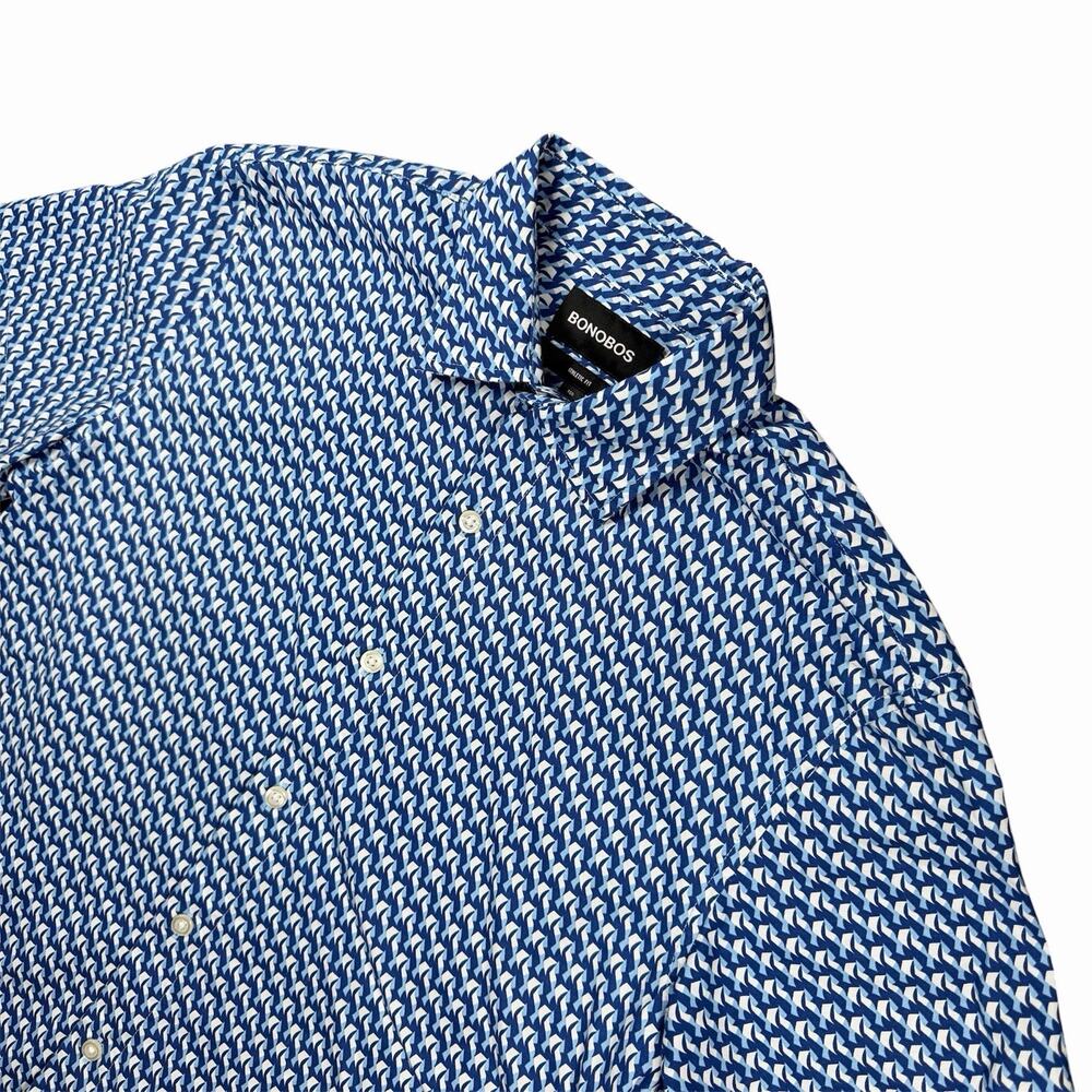 Bonobos Men’s Small Athletic Fit Blue Geometric Print Short Sleeve Button Up
